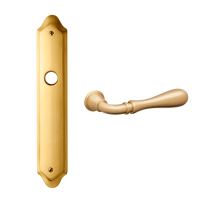 1420R Gou deurkruk op langschild PC92 rechtswijzend, satinmessing